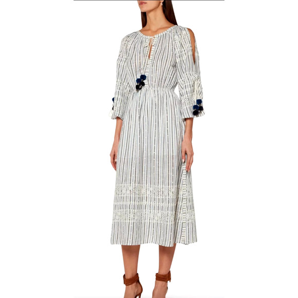 Anthropologie M LOVESHACKFANCY Striped Isla Midi Dress Long Sleeve White Blue - Picture 4 of 10